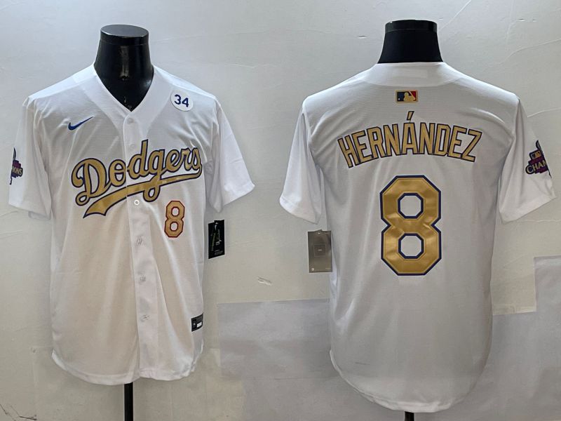 Men Los Angeles Dodgers 8 Hernandez White Champion gold character 2025 Nike MLB Jersey style 4
